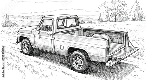 Detailed sketch of a classic pickup truck, highlighting its vintage design and rugged appeal isolated on white background ideal for automotive enthusiasts