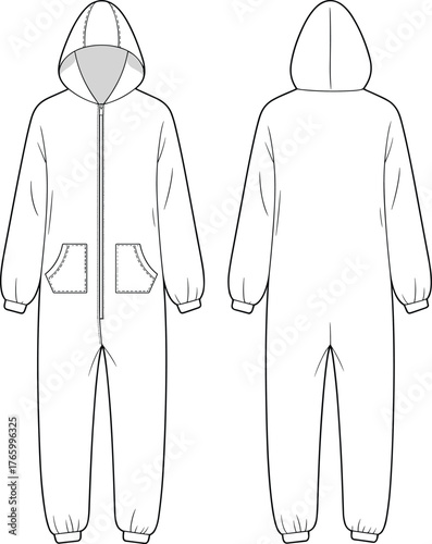 Hooded jumpsuit flat sketch, front and back view technical drawing, zipper closure onesie with kangaroo pockets and cuff sleeves, fashion vector template for apparel design illustration