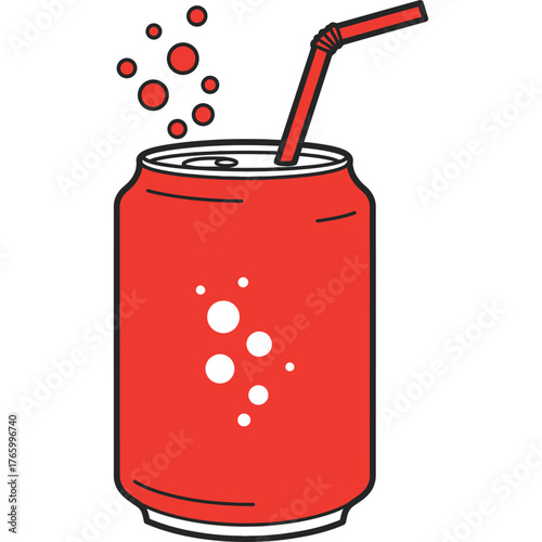Red Soda Can with Straw and Bubbles Illustration drink fizzy refreshing beverage pop sweet cold aluminum