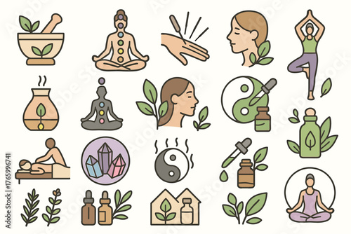 Wellness and Meditation Icons Set – Yoga, Aromatherapy and Mindfulness Vector Illustration