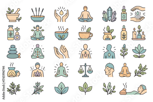 Wellness and Meditation Icons Set – Yoga, Aromatherapy and Mindfulness Vector Illustration