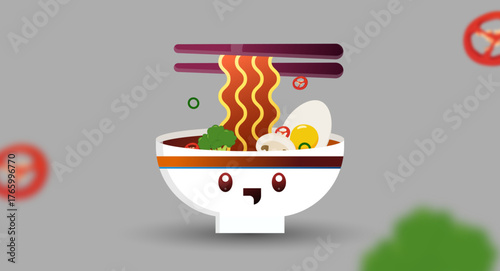 Adorable ramen bowl illustration featuring noodles, boiled egg, salmon slice, and chopsticks on a dark background with sparkle accents. Perfect for restaurant advertising, cafe banners, food delivery 