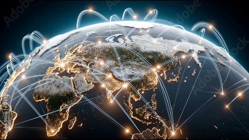 Futuristic global network communication over planet earth at night, showcasing internet technology connection, data transfer, and vision of worldwide business from space