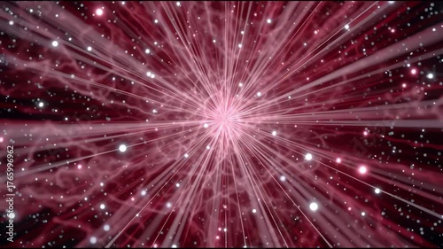 Mesmerizing abstract red background illustration of cosmic explosion in deep space. Awe inspiring nebula shows vibrant burst of light with glowing pink energy radiating