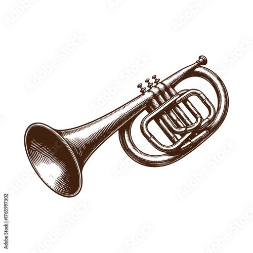 Western Brass Bugle Horn – Vintage Cowboy Instrument Illustration in Black and White