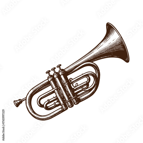 Western Brass Bugle Horn – Vintage Cowboy Instrument Illustration in Black and White