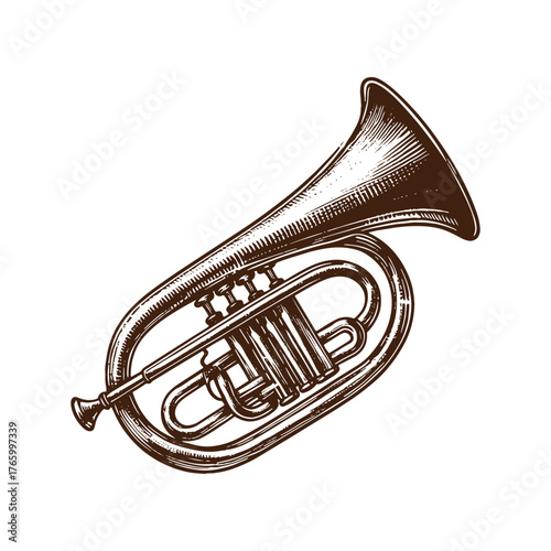 Western Brass Bugle Horn – Vintage Cowboy Instrument Illustration in Black and White