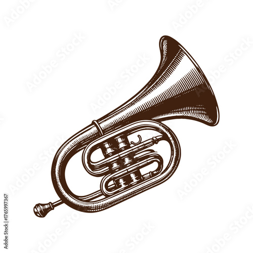 Western Brass Bugle Horn – Vintage Cowboy Instrument Illustration in Black and White