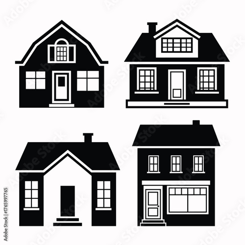 Set of four diverse black and white vector house illustrations for scalable design projects