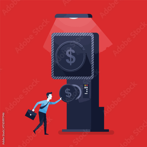 Vector art of man inserting coin into atm machine with dollar sign