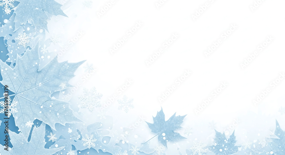 Obraz premium Frozen Maple Leaves and Snowflakes Frame a White Space for Winter Greetings