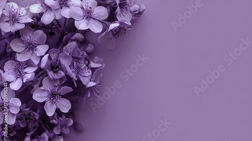Awesome photo of blooming cherry flowers on a purple background with copy space for text.