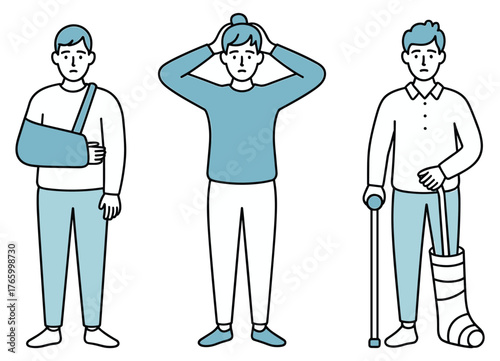Vector illustration of injured men showing arm sling leg cast and headache with cane scalable eps graphic