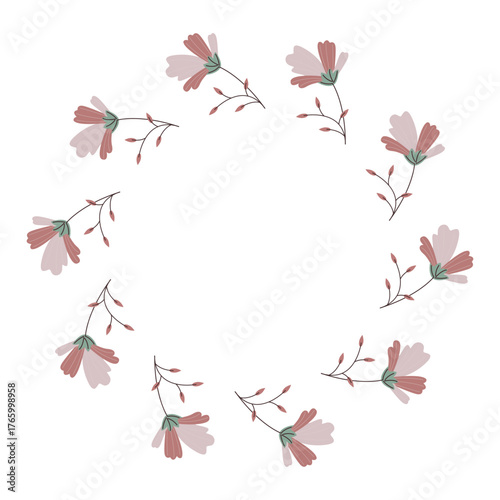 Spring flower frame. Spring circle frame. Round border made of fall flower Vector flat isolated on white background.