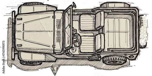 Detailed blueprintstyle illustration of a jeep from a topdown perspective, showcasing its interior layout and design features, isolated on white background