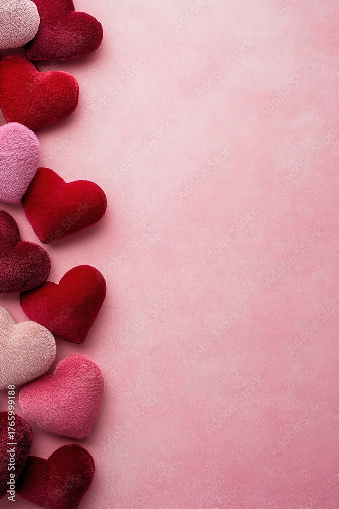 Obraz premium vertical top view image red and pink felt hearts on soft pink background with copy space. decorative elements perfect for expressing love during celebrations like Valentine Day or anniversaries