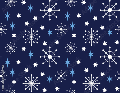 Winter Seamless Vector Floral Pattern with Green Branches, Leaves and Stars on a dark Blue Background.
