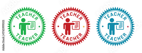Vector illustration of three academic teacher badges in green red and blue with presentation icons scalable eps format