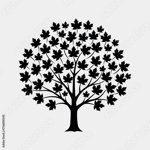 Stylized silhouette of a maple tree with numerous black maple leaves on a white background