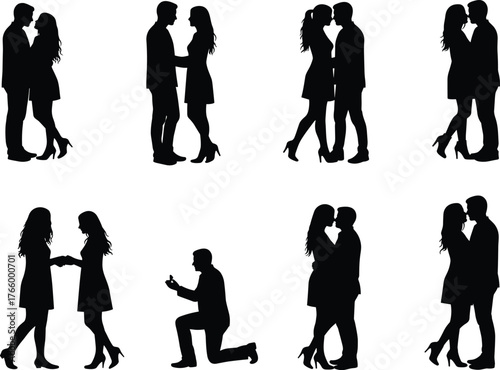 Romantic couple silhouette, love poses, kissing embrace, marriage proposal, holding hands, intimate moment, relationship concept, affection, commitment, wedding illustration, partner design