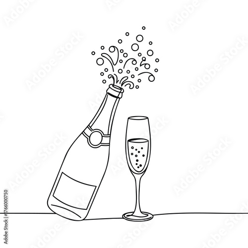 Champagne Bottle and Glass Line Art drawing illustration celebration drink alcohol sparkling wine bubbles