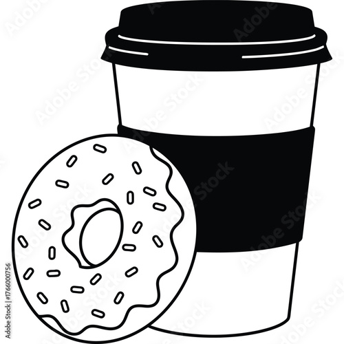 Coffee and Donut Outline cup drink food sweet pastry breakfast snack dessert sprinkles black white