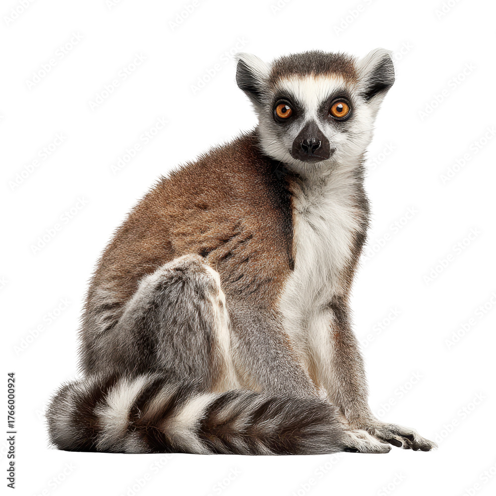 Obraz premium Lemur with striking eyes sits calmly, showcasing its distinctive fur patterns in a neutral background isolated on transparent background