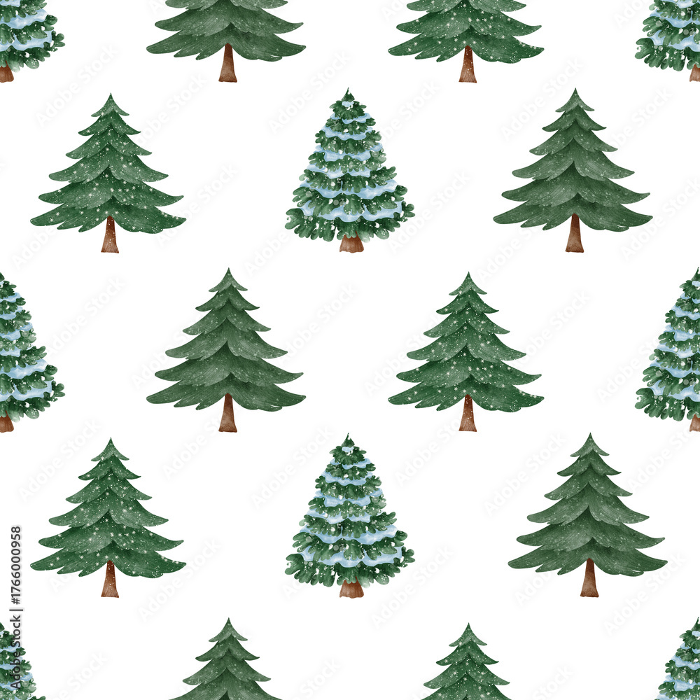 Obraz premium Seamless watercolor pattern with snow-covered fir trees. A cozy winter design, perfect for wrapping paper, greeting cards, fabric, and holiday decorations.