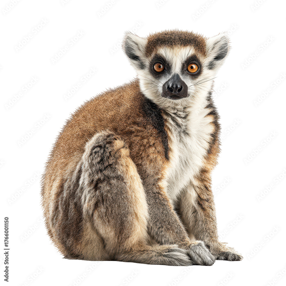 Obraz premium Lemur sitting calmly in a studio against a white background with bright eyes and soft fur isolated on transparent background