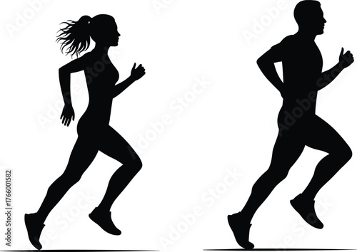 Silhouettes of people running, fitness activity, jogging lifestyle, athletic motion, ponytail runner, short hair runner, urban exercise, sports illustration