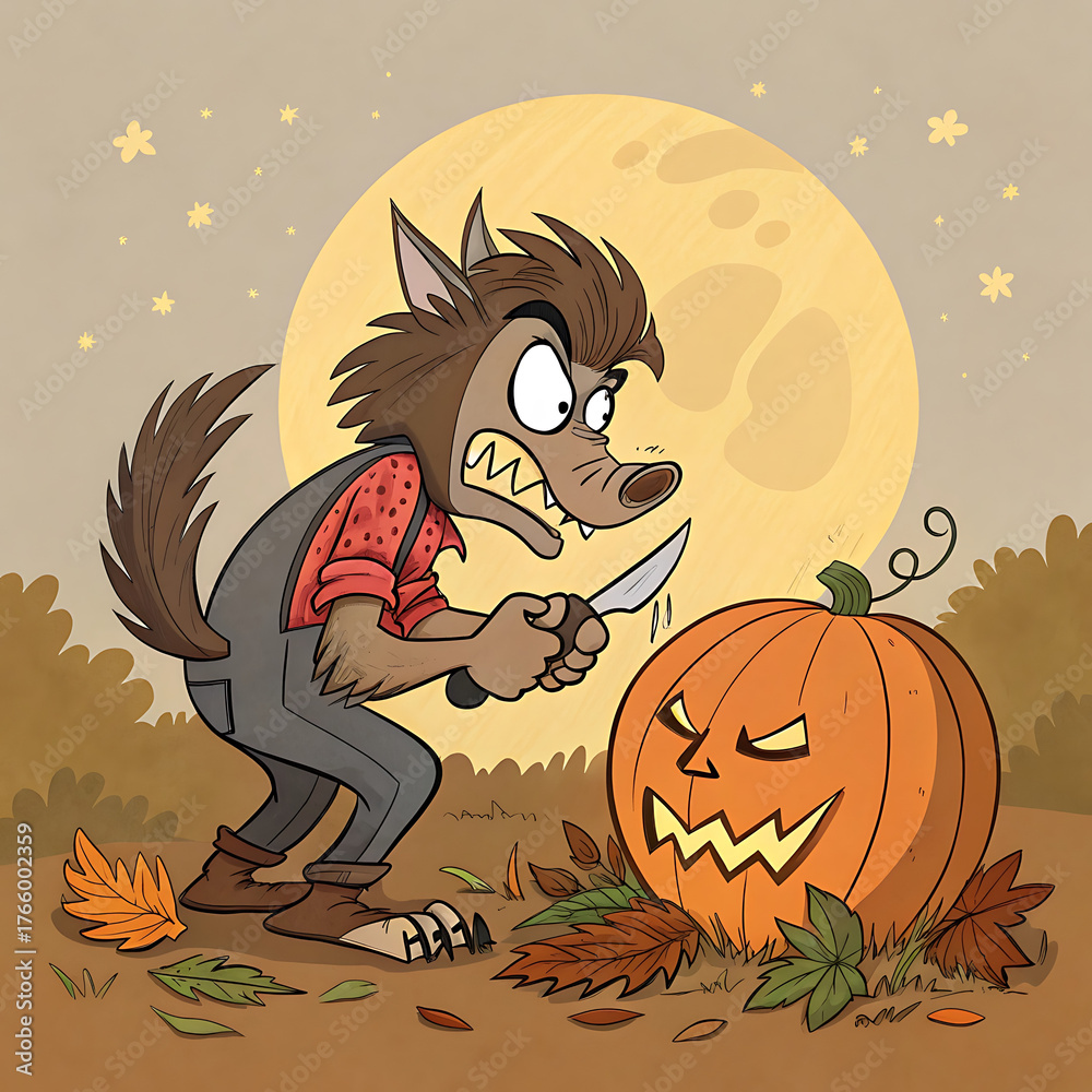 Fototapeta premium A funny, exaggerated cartoon character design for a goofy werewolf trying to carve a pumpkin with a tiny knife.