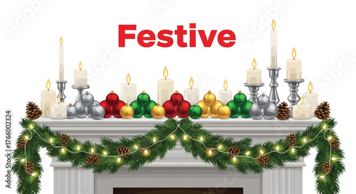 Festive christmas mantelpiece decoration with candles and garland isolated on white background