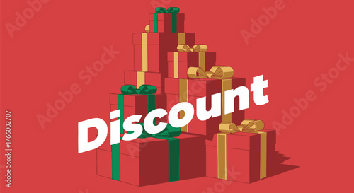 A stack of red gifts with green ribbons, offering a discount for the holiday season and special promotion