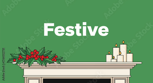 A festive fireplace mantel decorated with holly and candles, creating a warm and inviting holiday atmosphere