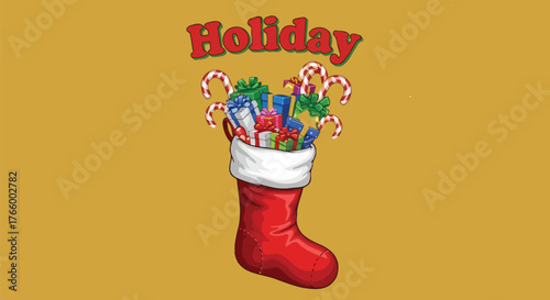 A festive holiday stocking overflowing with gifts and candy canes, perfect for christmas cheer and celebration