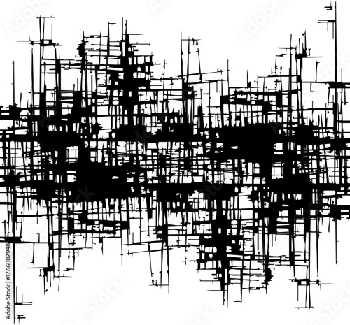 Blocked silhouettes create city skyline pattern with structured vertical forms and linear separation.