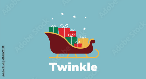 Festive christmas sleigh filled with gifts and the word twinkle isolated on a light blue background