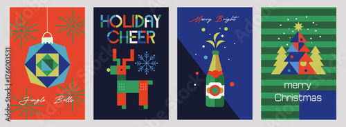 Modern geometric Christmas vector set. Minimal festive posters with champagne, snowflakes, ornaments, and fir trees.Holiday design for greeting cards, invitations, covers, and backgrounds.