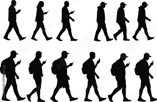 Silhouettes of people walking, using mobile phones, backpacks, urban lifestyle, modern technology, distracted walking, commuter illustration, professional vector design