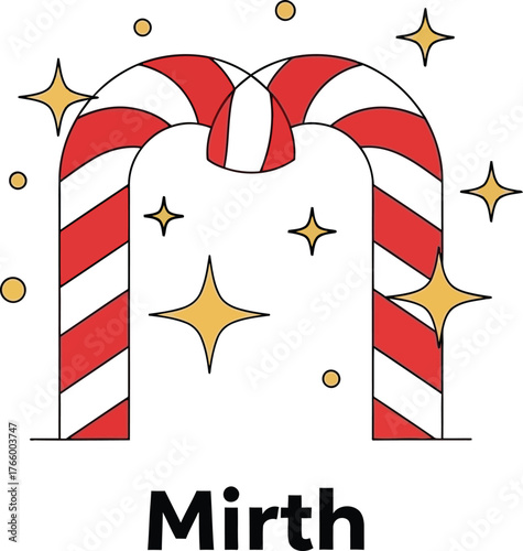 Illustration of a candy cane arch with stars, symbolizing mirth isolated on white background