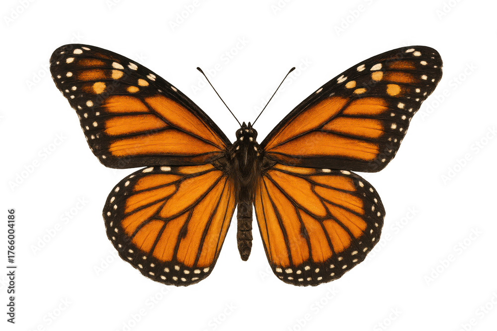Fototapeta premium Monarch butterfly with open orange and black wings, showing intricate patterns against a transparent background