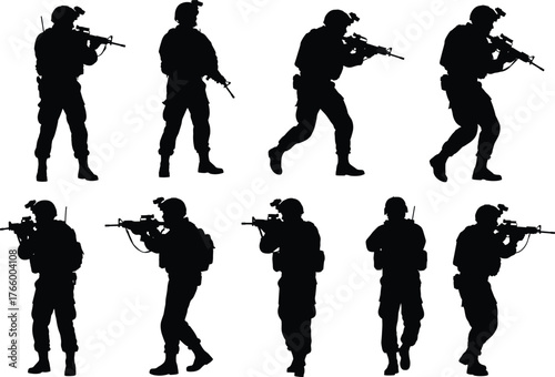 Soldier silhouettes, armed forces, military poses, rifle stance, tactical movement, combat ready, army personnel, defense concept, warfare design, security illustration