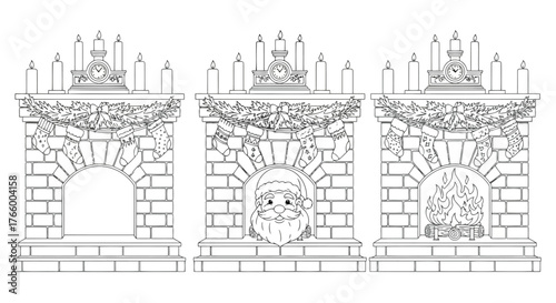 Vector art of three detailed black and white line drawings of ornate christmas fireplaces, one with santa claus face
