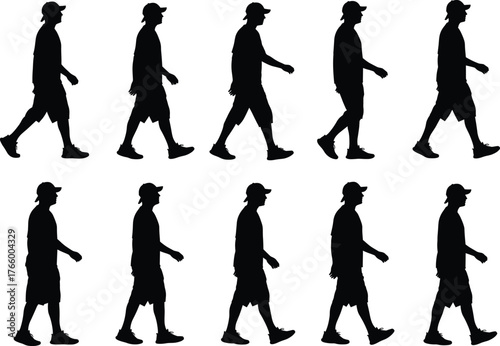 Walking cycle silhouettes, human gait, biomechanics study, motion sequence, animation reference, sports science, physical therapy, exercise concept, posture design, lifestyle illustration