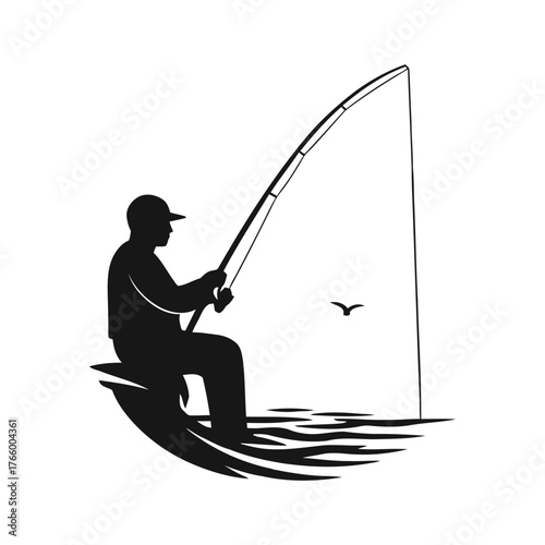 Silhouette of a fisherman casting his line into the water with a bird flying vector