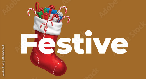 Festive holiday illustration featuring a red christmas stocking filled with gifts on a brown background