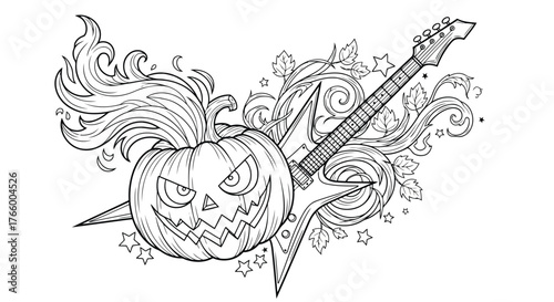 Vector art of spooky halloween pumpkin jack olantern with a rock electric guitar and swirling flames and leaves, suitable for a concert or spooky theme