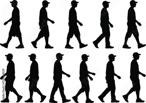 Walking cycle silhouettes, human gait, biomechanics study, motion sequence, animation reference, sports science, physical therapy, exercise concept, posture design, lifestyle illustration