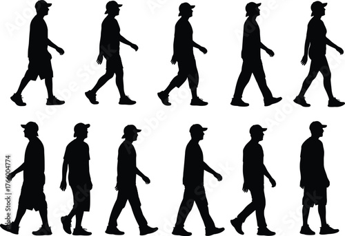 Walking cycle silhouettes, human gait, biomechanics study, motion sequence, animation reference, sports science, physical therapy, exercise concept, posture design, lifestyle illustration