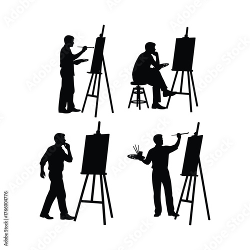 Silhouettes of artists painting at easels capturing creative process in various poses vector